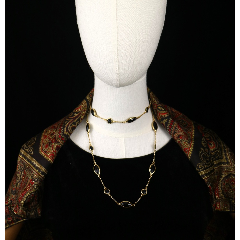 Vintage Monet Black Faceted Glass Station Necklace Gold Tone Long Chain 36" Rope